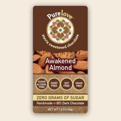 Awakened Almond Stevia Chocolate Bar label